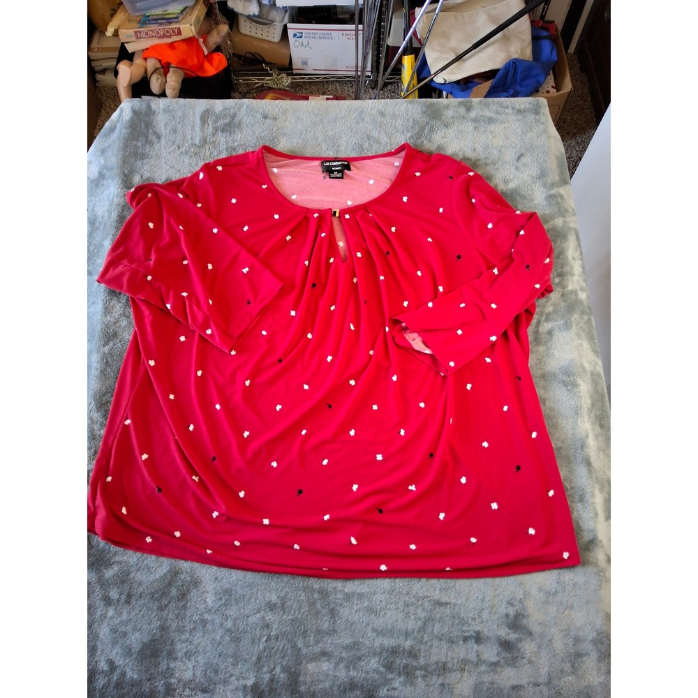 Liz Claiborne Woman Red Floral Keyhole Pleated Neck 3/4 Sleeve Blouse 3X